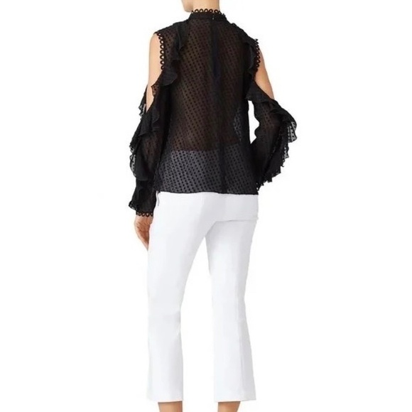 NICHOLAS Navy Blue Swiss Dot Cutout Cold Shoulder Top Blouse Ruffle Size 0 - Picture 7 of 15